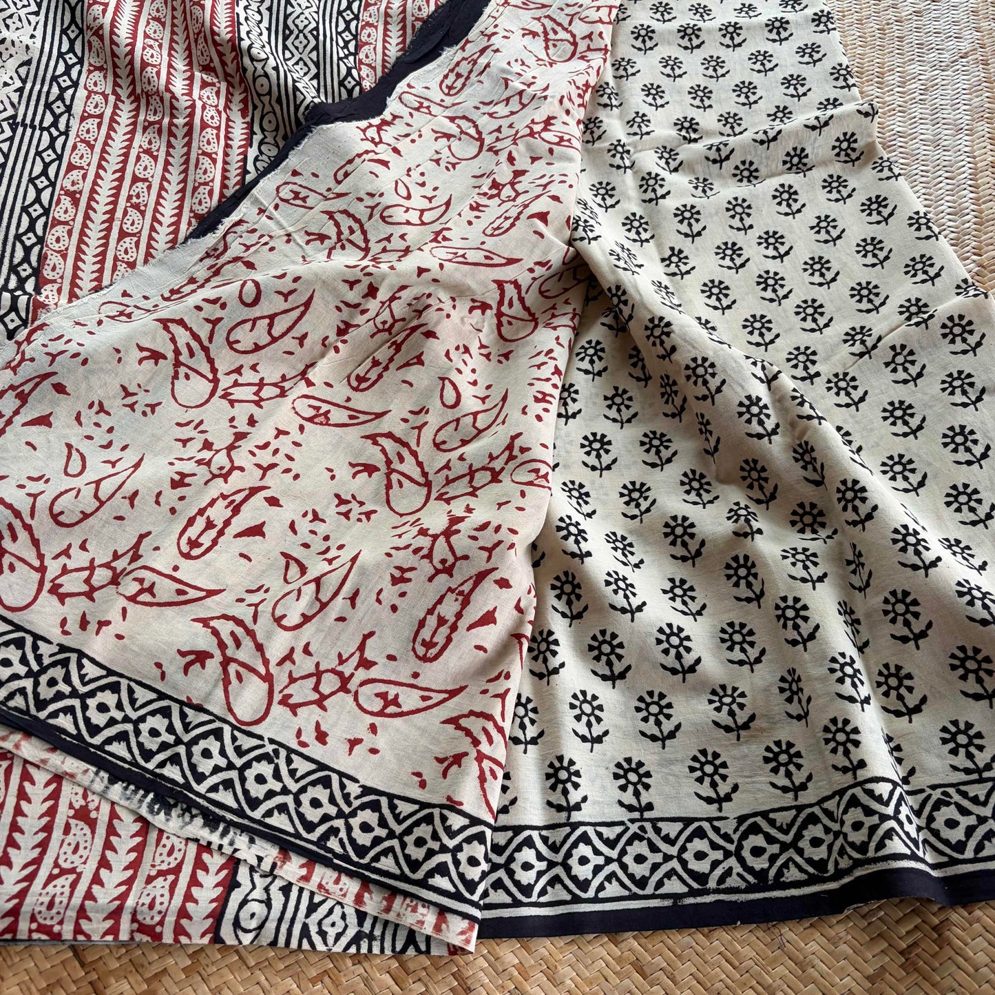Mul Mul Cotton saree, Hand Block Printed, Cream