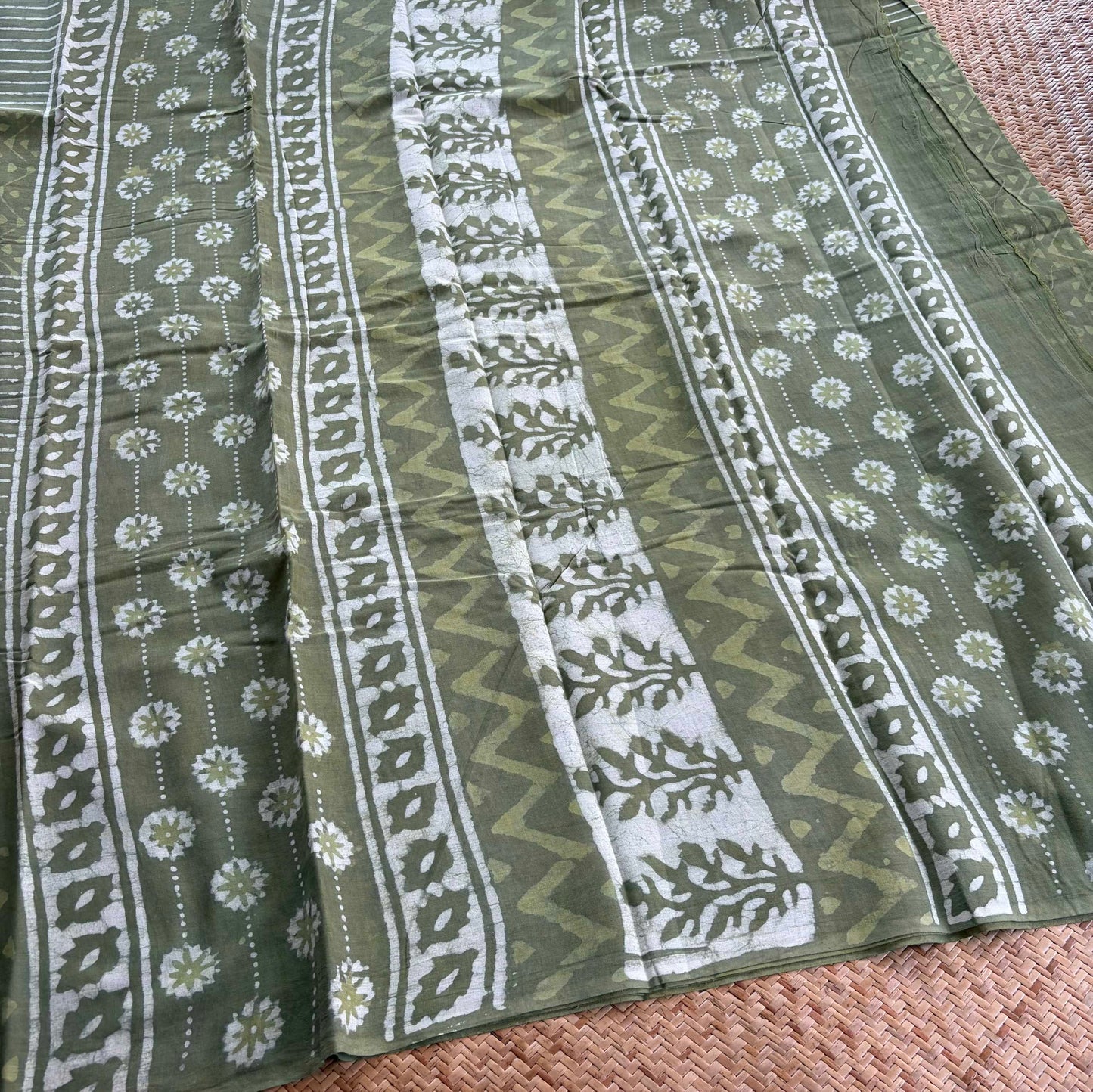 Mul Mul Cotton saree, Hand Block Printed, Green