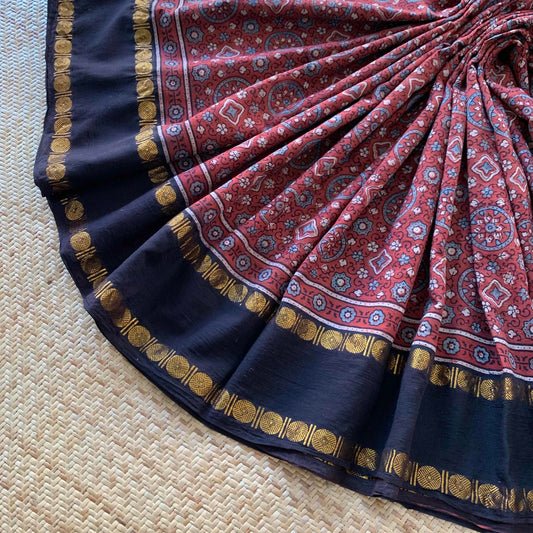Vintage- Rudraksha Border, Ajrak Hand Block Printed On Madurai Cotton Saree With Zari
