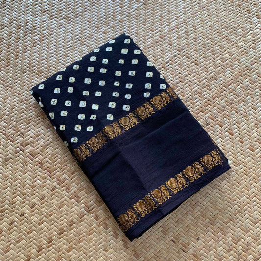 Black, Hand Knotted kaikattu Sungudi, blouse fabric