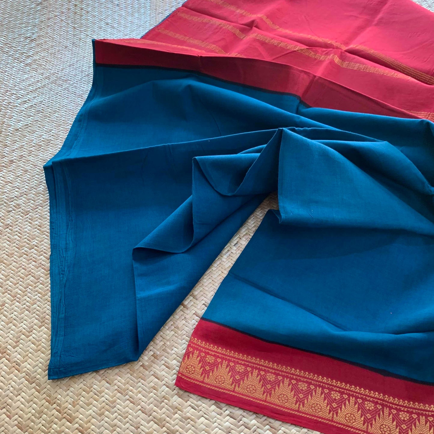 Blue Saree With Red Half Fine Zari Border, Clamp dyed (Kattu sayam).