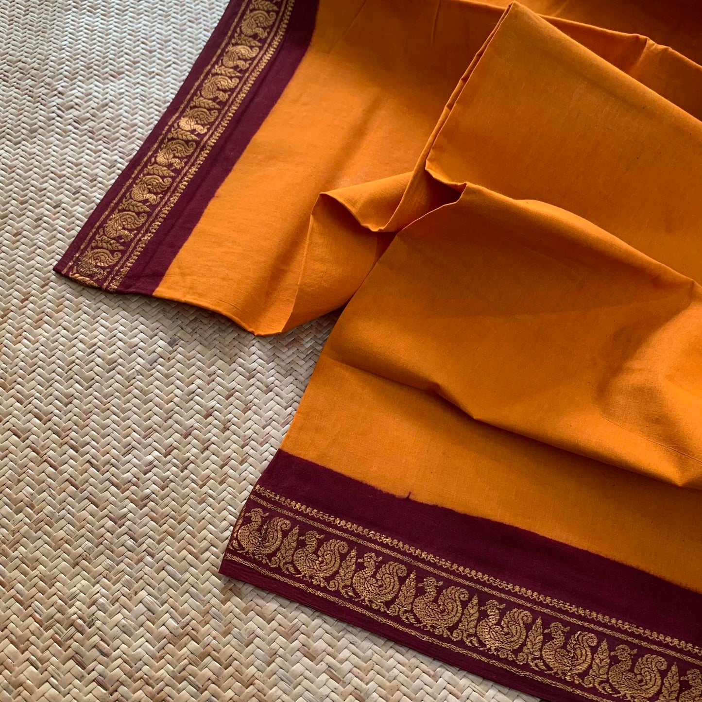 Yellow Saree With Brown Half Fine Zari Border, Clamp dyed (Kattu sayam).