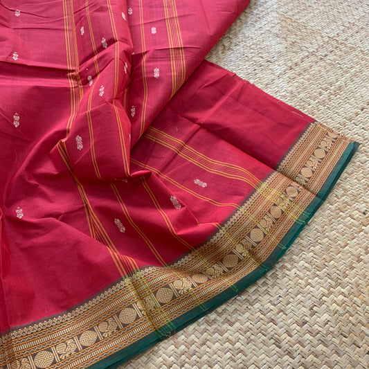 Red with Green Thread Border, Chettinadu Cotton Saree