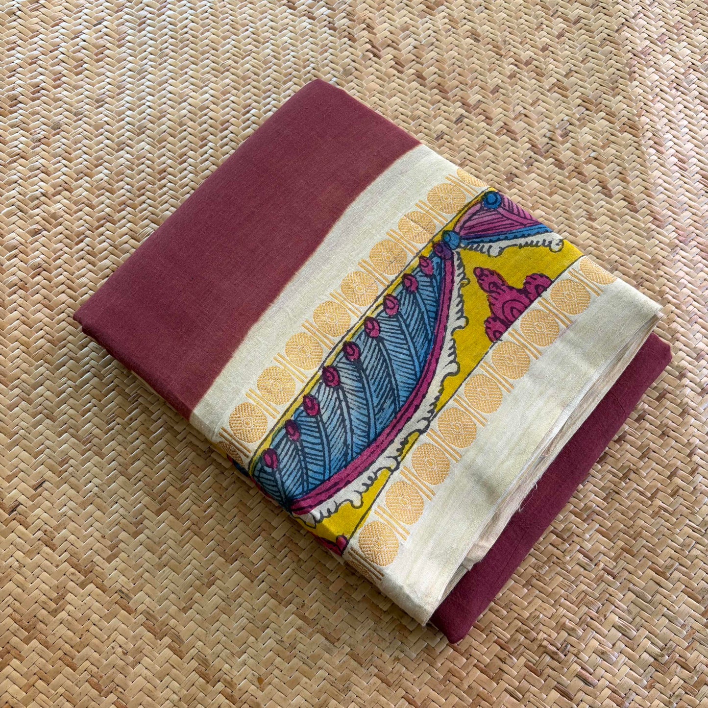 Peacock 🦚 - Kalamkari Hand Painted on a Madurai Sungudi Cotton saree. With Blouse