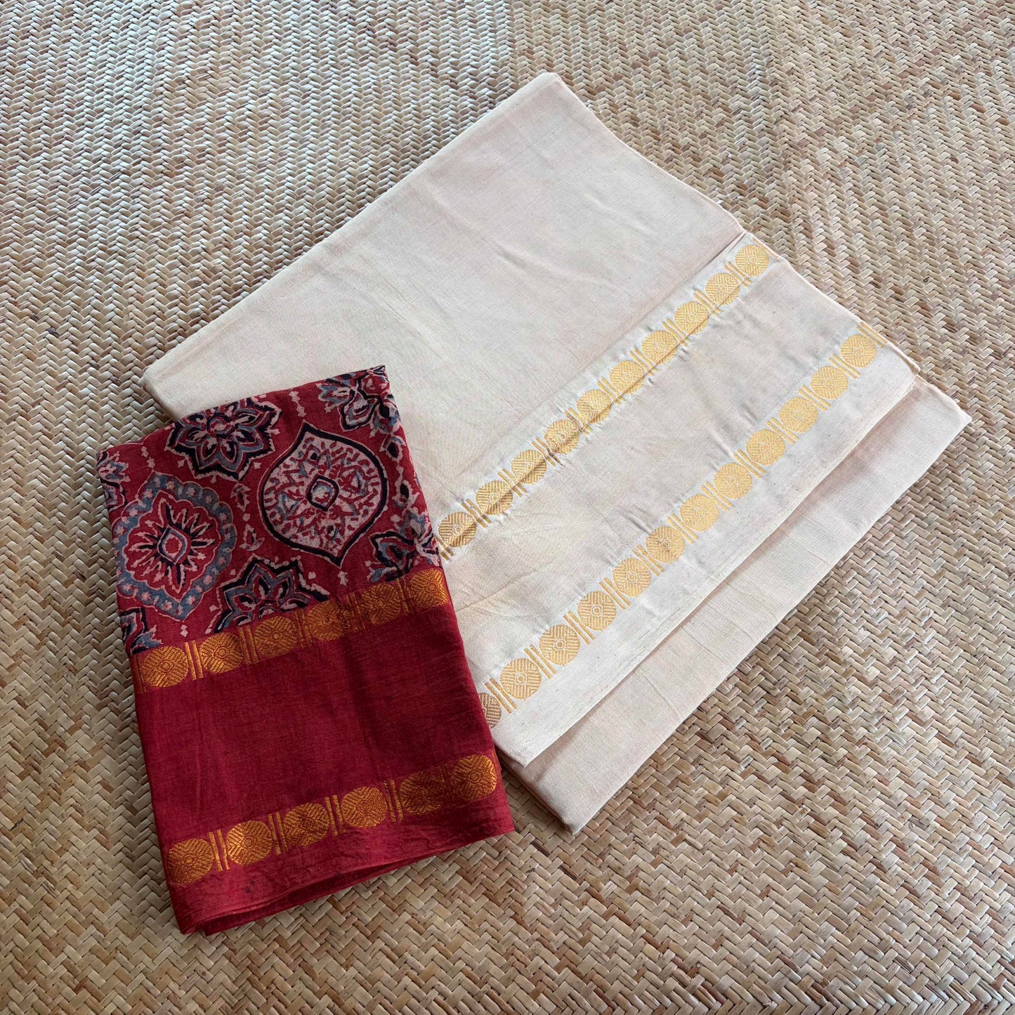 Ivory Saree With Ajrak Blouse , Zari Rudraksham Rettai Pettu Border , Clamp dyed (Kattu sayam)