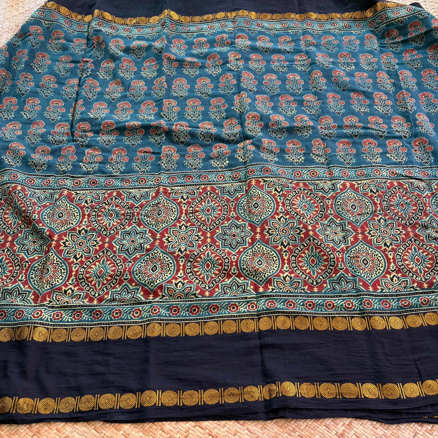 Rama Green, Ajrak Hand Block Printed On Madurai Cotton Saree With Zari