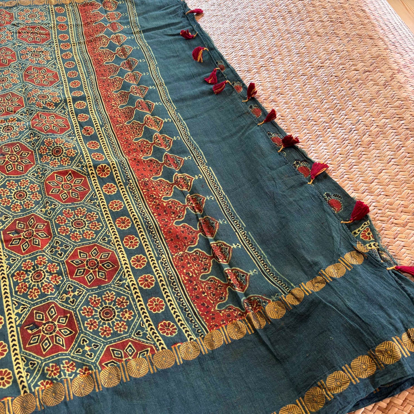 Green, Ajrak Hand Block Printed On Madurai Cotton Saree With Zari