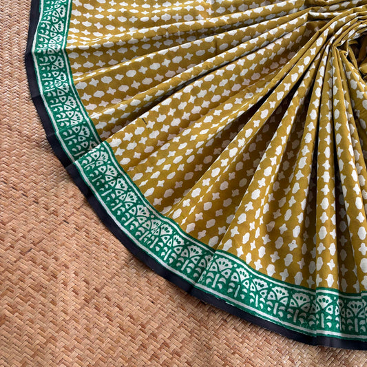Mul Mul Cotton saree, Hand Block Printed, Mustard
