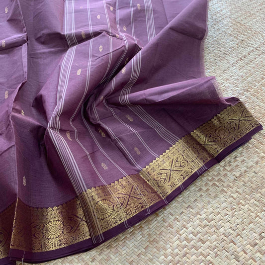 Chettinad Cotton Saree, Mauve Grey Saree With Zari Border