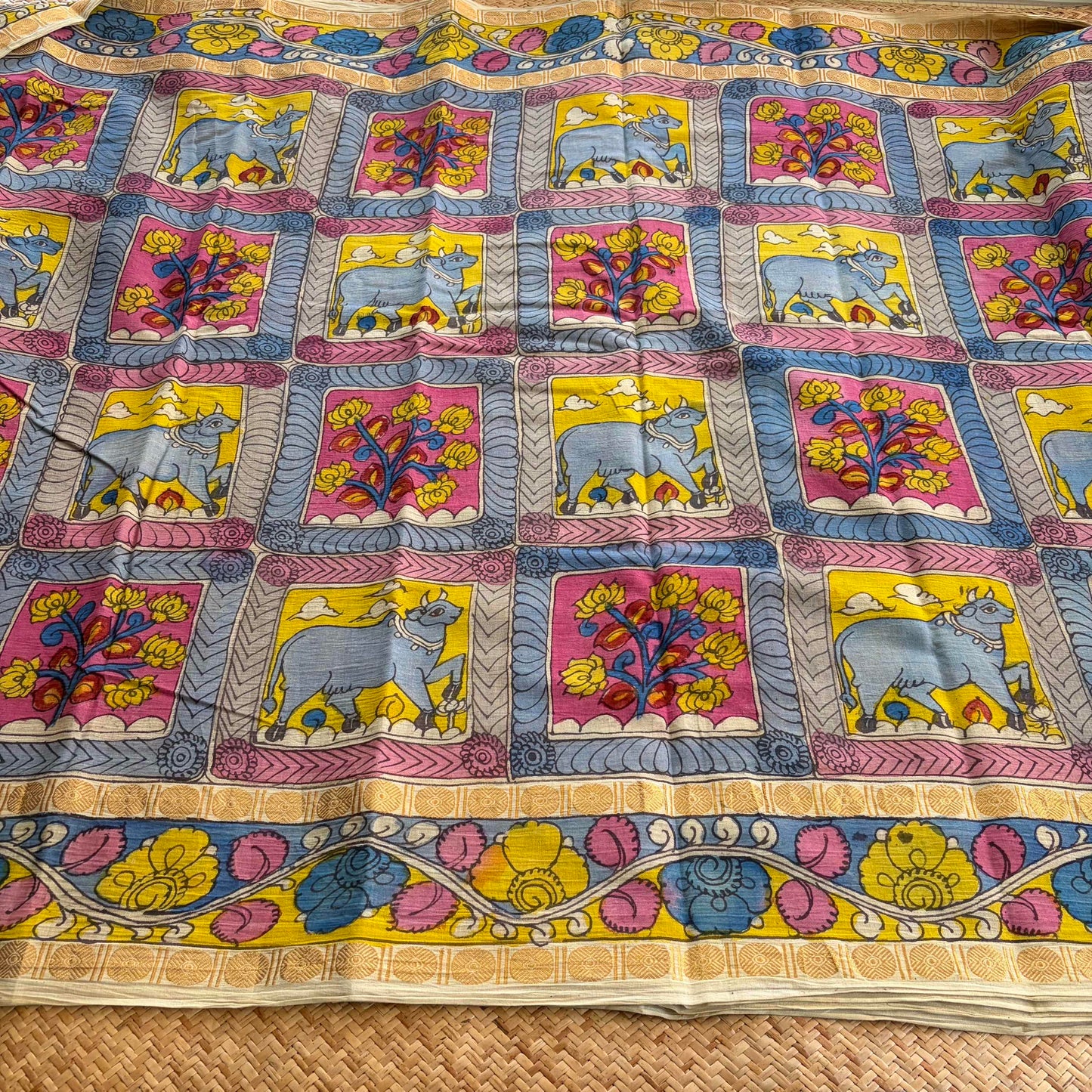 Column and Row Kalamkari Hand Painted on Cotton Sungudi Saree With Blouse