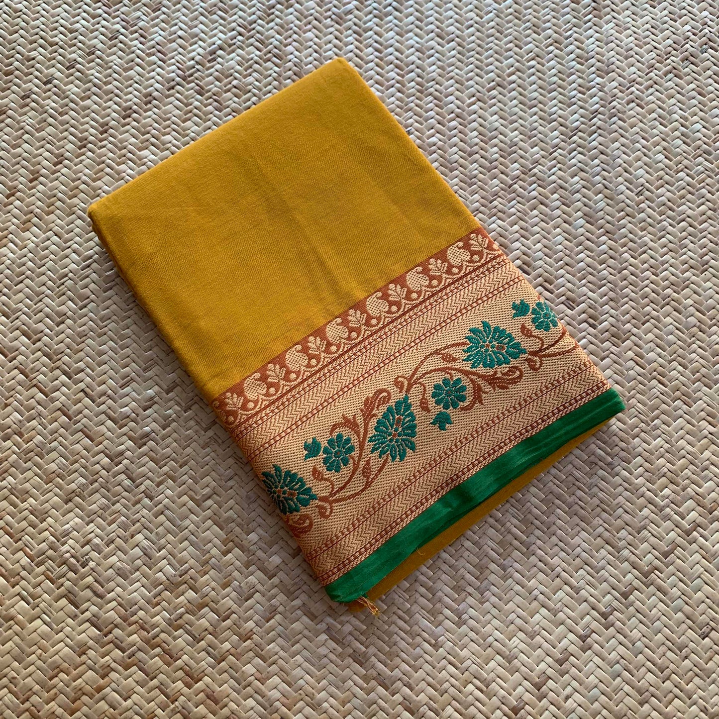 Mustard Saree With Thread Border, Chettinadu Cotton Saree