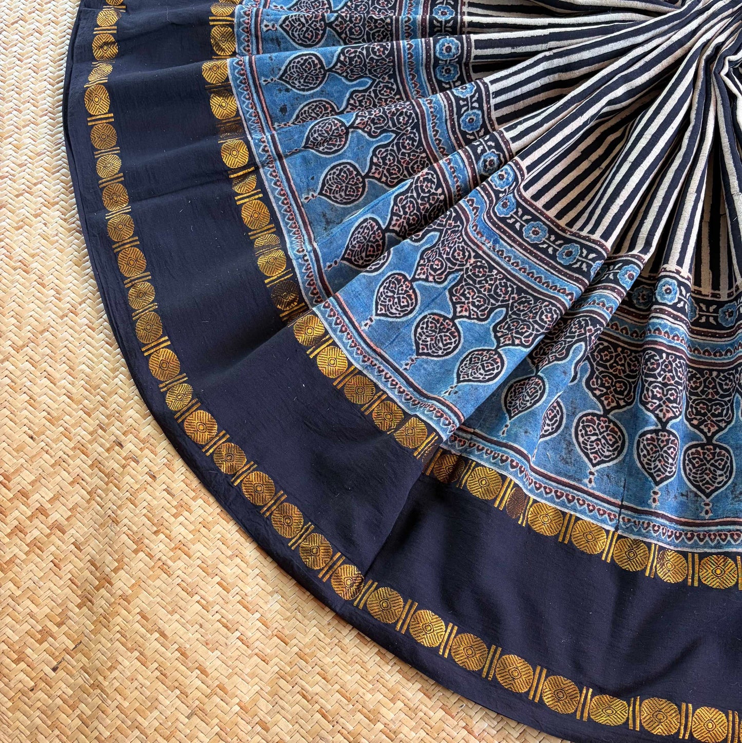 Black Stripes, Ajrak Hand Block Printed On Madurai Cotton Saree With Zari
