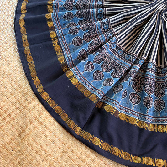 Black Stripes, Ajrak Hand Block Printed On Madurai Cotton Saree With Zari