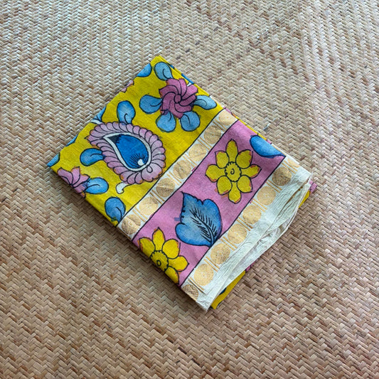 Yellow Floral, Kalamkari Hand Painted on a Madurai Sungudi Cotton 1.20 METER FABRIC
