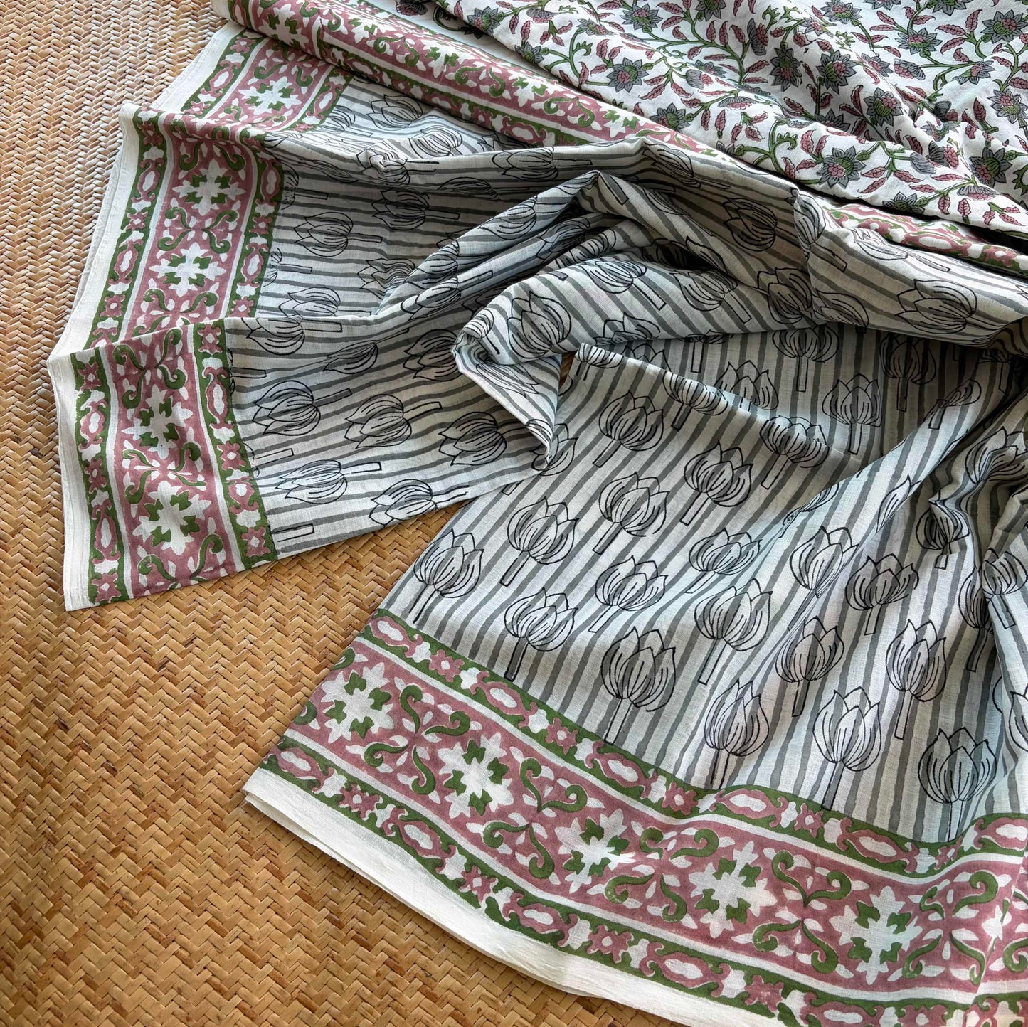 Mul Mul Cotton saree, Hand Block Printed, White