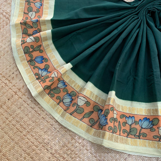 Green - Kalamkari Hand Painted on a Madurai Sungudi Cotton saree.