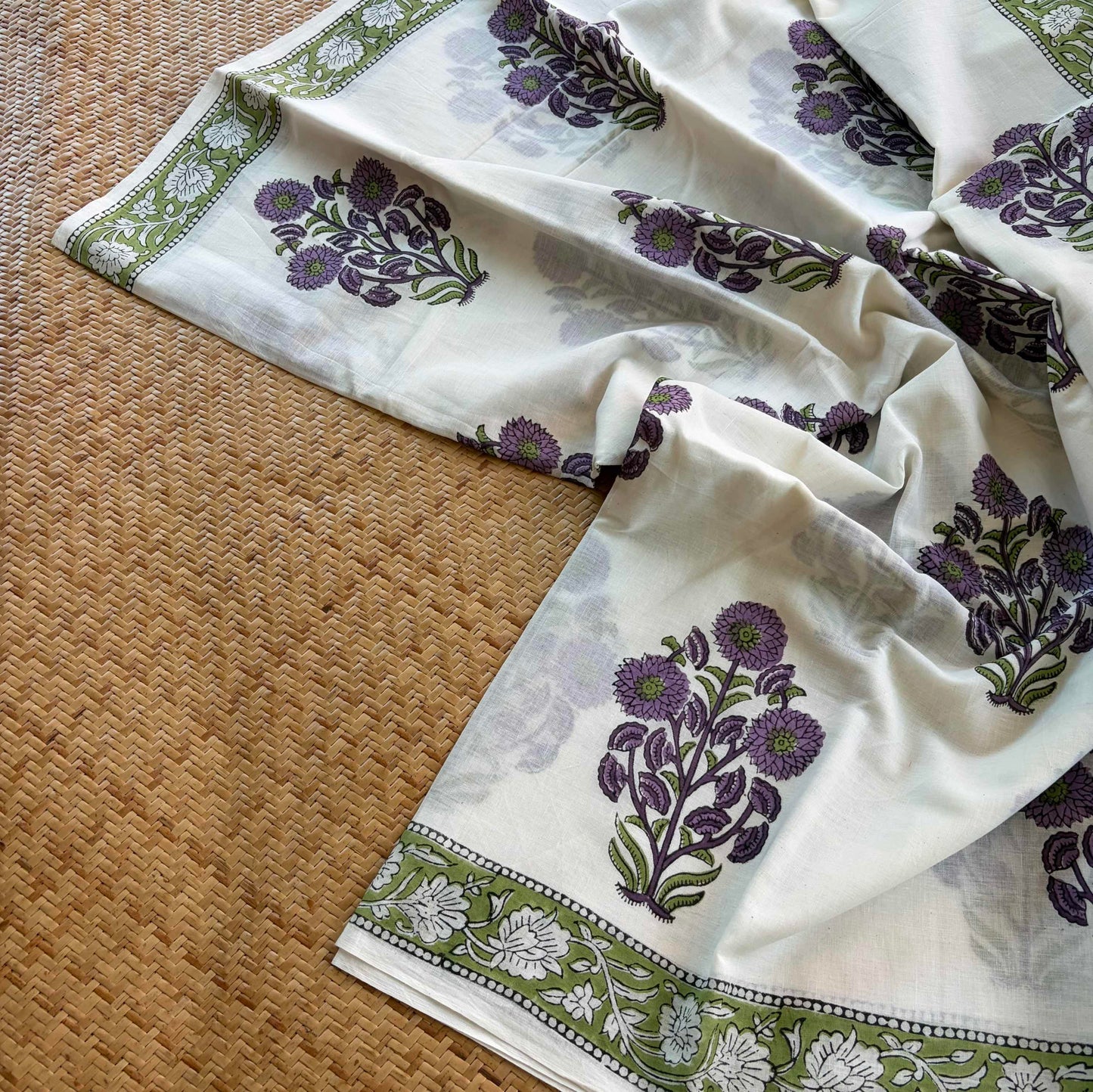 Mul Mul Cotton saree, Hand Block Printed, White