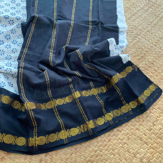 Rudraksham Border With Block Print, White With Navy