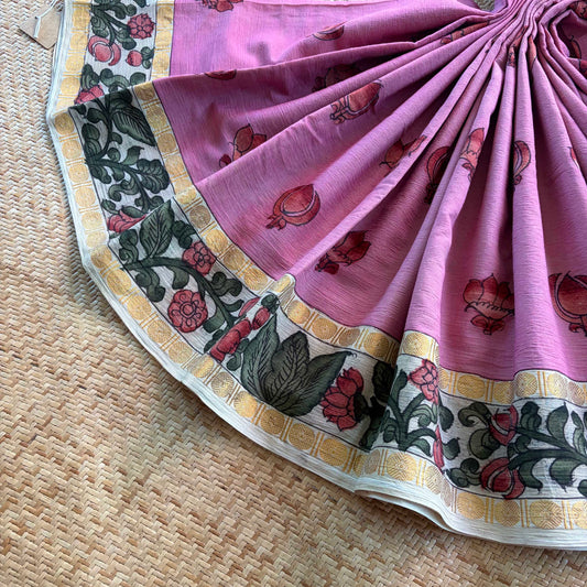 Dusty Pink Kalamkari Hand Painted on Cotton Sungudi Saree With Blouse