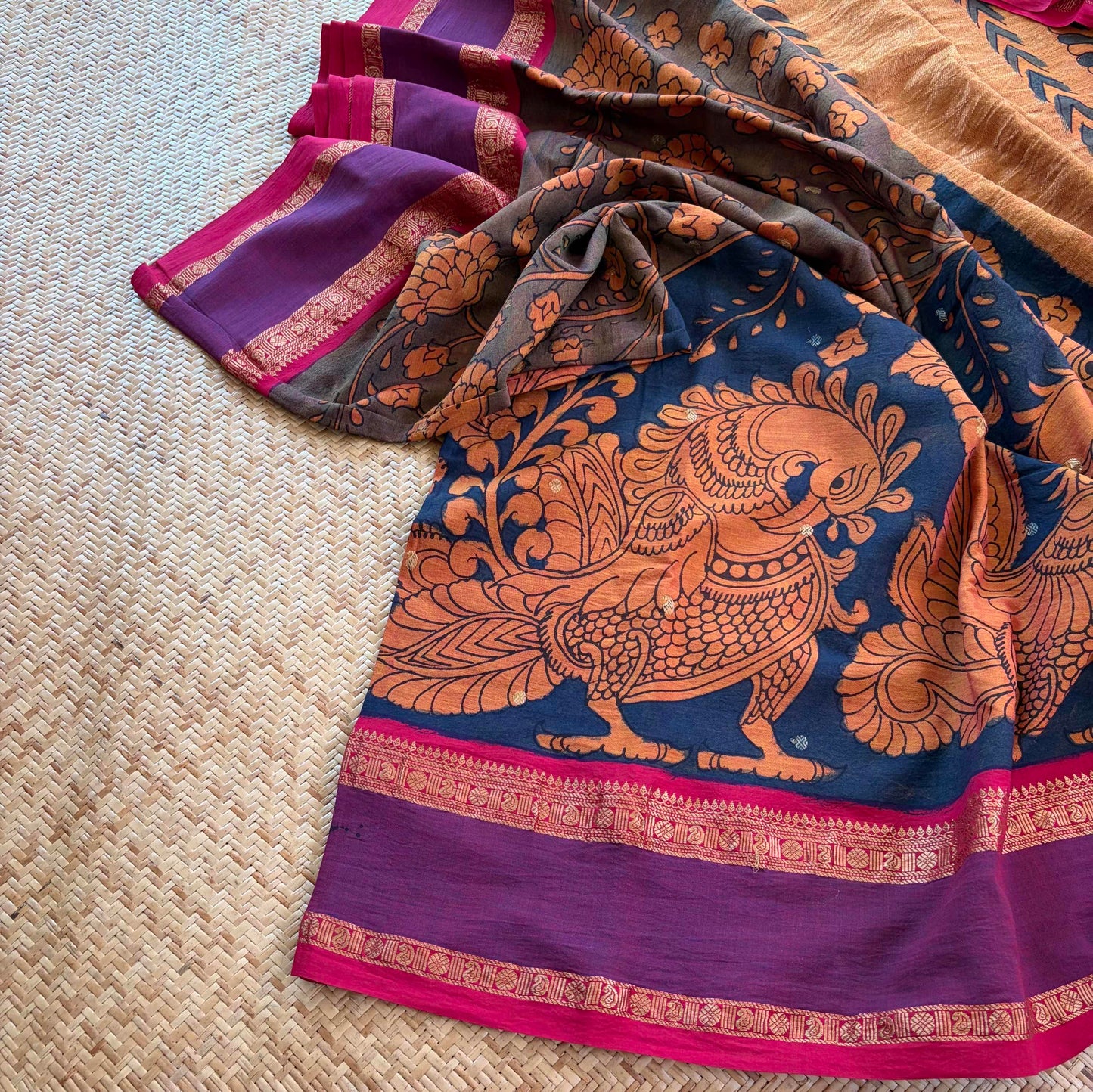 Multicoloured Kalamkari Hand Painted on Chettinad Cotton saree