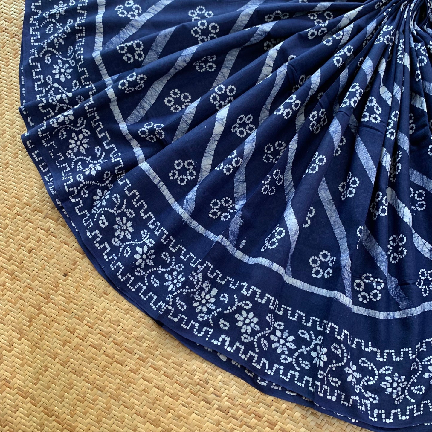 Blue Hand Crafted wax print Sungudi Mul Mul Cotton Saree