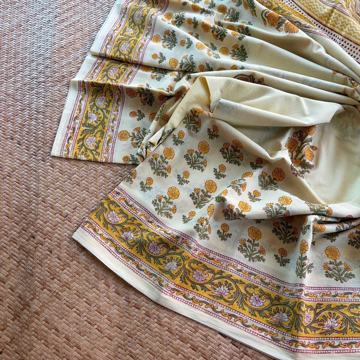 Mul Mul Cotton saree, Hand Block Printed, Pastel Yellow