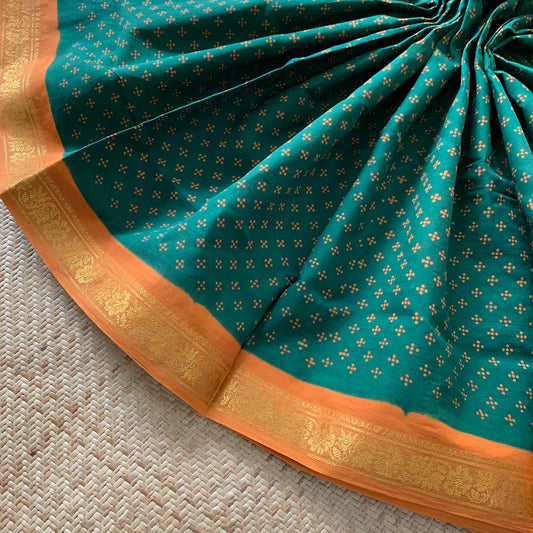 Green With Mustard Wax Print, Half Fine Zari Premium Sungudi Cotton Sarees