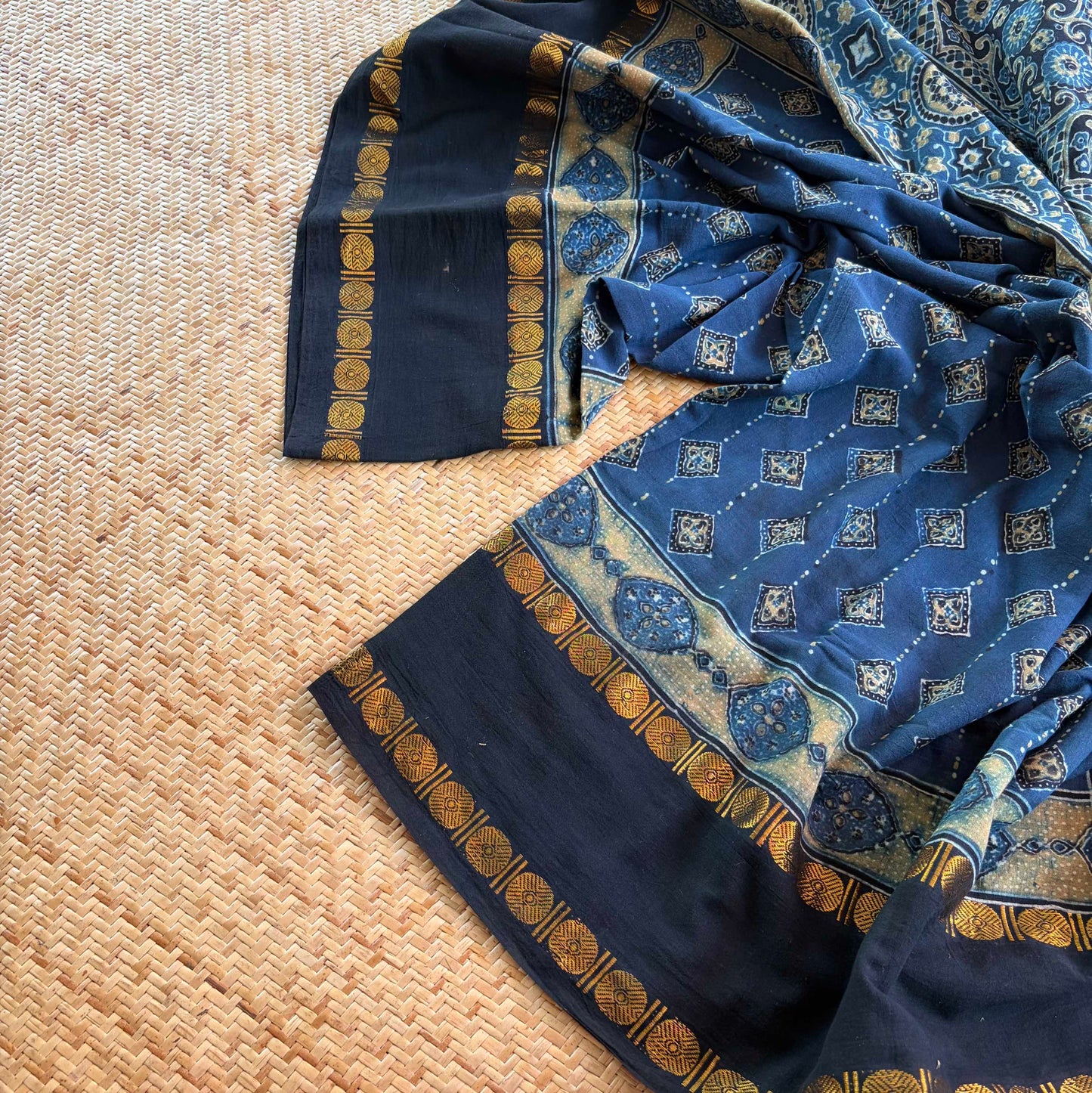 Diamond Indigo, Ajrak Hand Block Printed On Madurai Cotton Saree With Zari