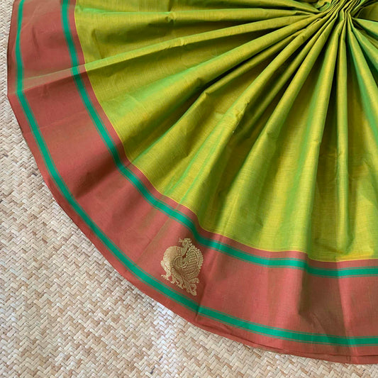 Kanchipuram Cotton Saree, Green Double Tone Saree with Brown Border, Grand Pallu and Yazhi Chakkaram Butta