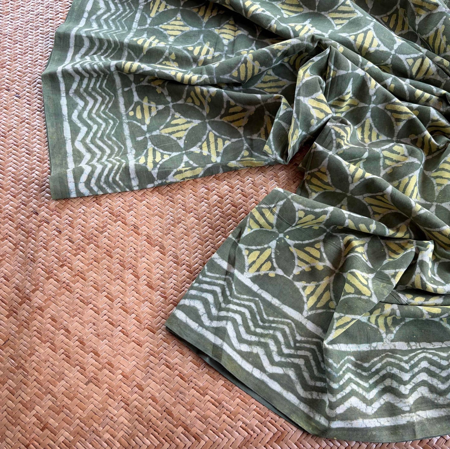 Mul Mul Cotton saree, Hand Block Printed, Green