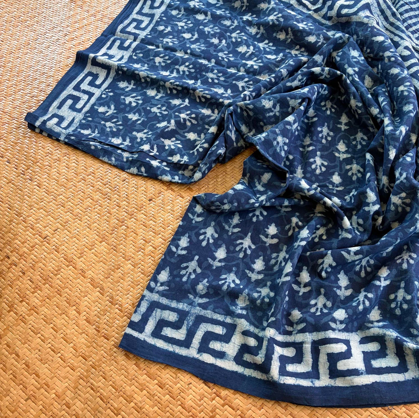 Mul Mul Cotton saree, Hand Block Printed, Indigo