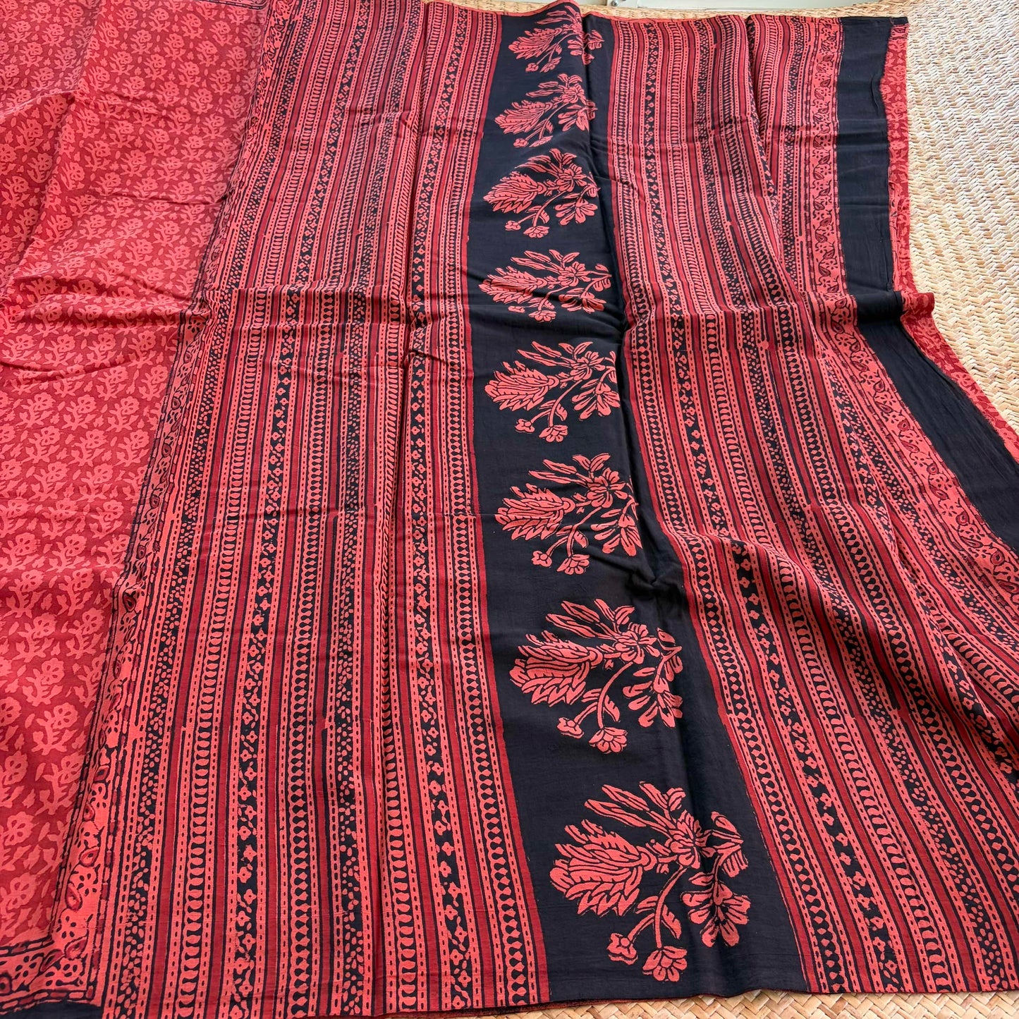 Mul Mul Cotton saree, Hand Block Printed, Red