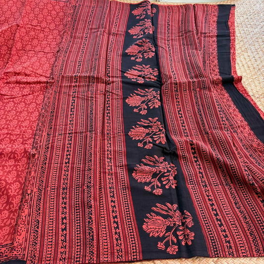 Mul Mul Cotton saree, Hand Block Printed, Red
