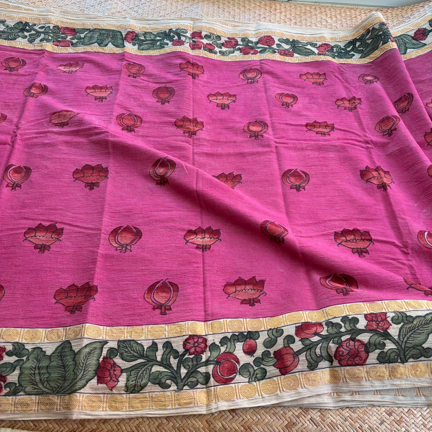 Pink Kalamkari Hand Painted on Cotton Sungudi Saree With Blouse