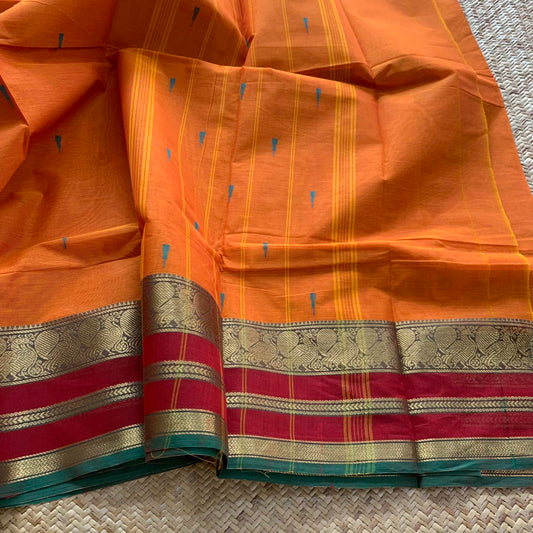 Chettinad Cotton Saree, Orange Saree with Red Border