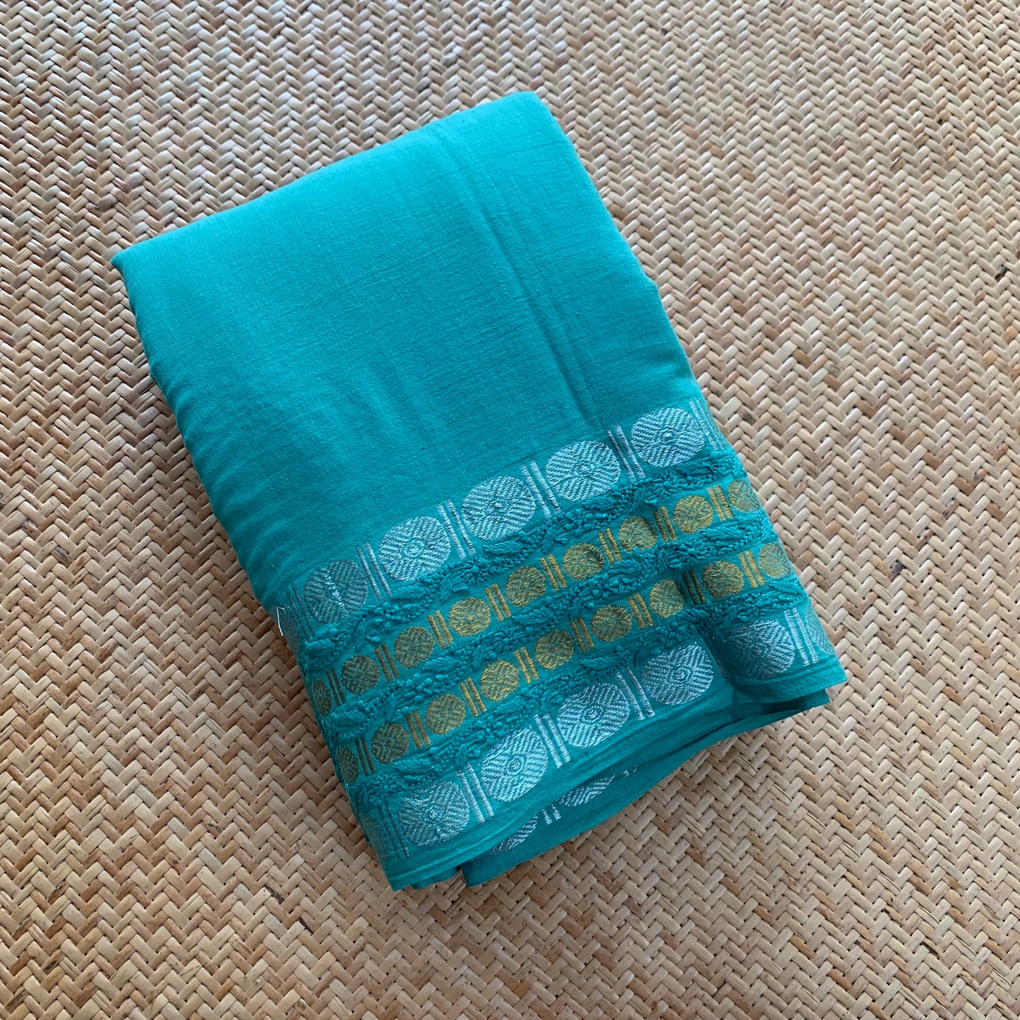 Aqua Chickankari Hand Embroidery on a Sungudi Cotton Saree
