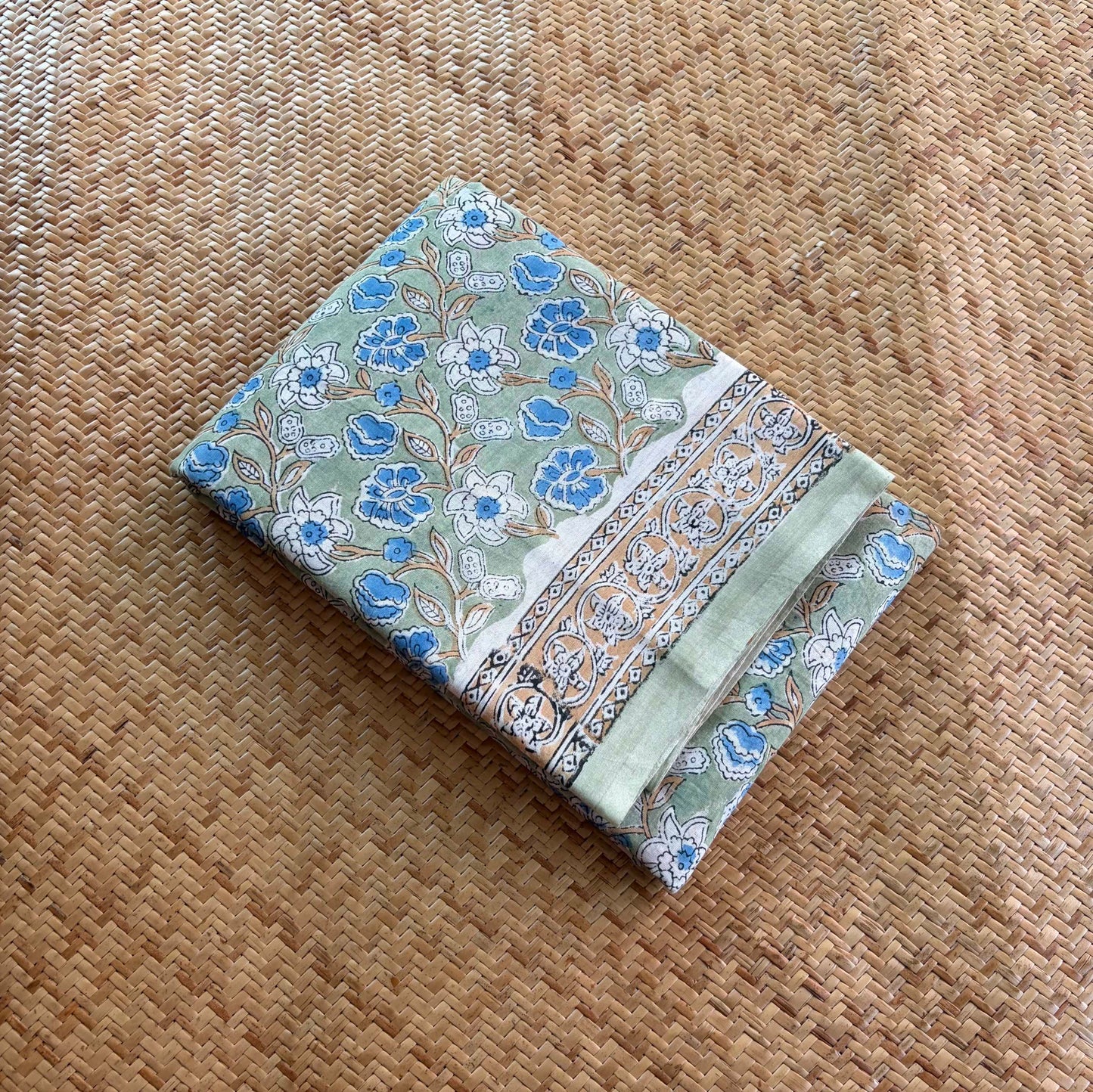 Mul Mul Cotton saree, Hand Block Printed, Pastel Green