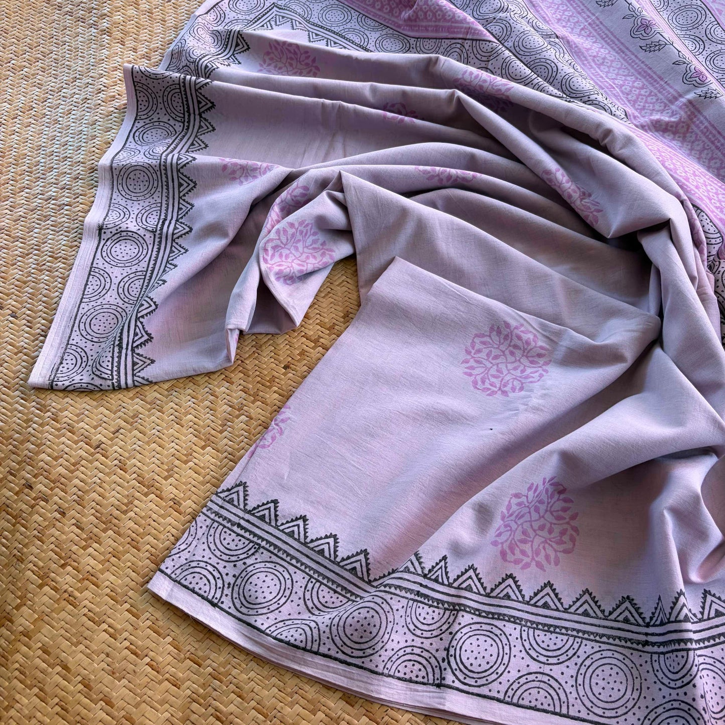 Mul Mul Cotton saree, Hand Block Printed, Lavender
