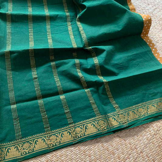 Mustard With Green Wax Print, Half Fine Zari Premium Sungudi Cotton Sarees