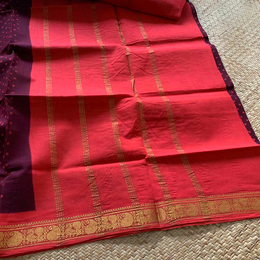 Beetle nut Brown With Red Wax Print, Half Fine Zari Premium Sungudi Cotton Sarees