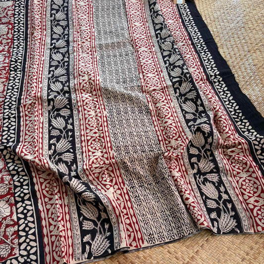 Mul Mul Cotton saree, Hand Block Printed, Maroon