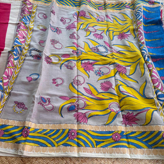 Flower 🌸- Kalamkari Hand Painted on a Madurai Sungudi Cotton saree. With Blouse