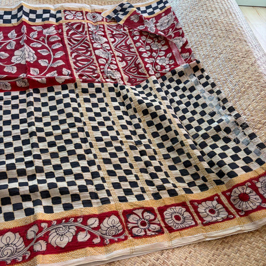 Checkered Kalamkari Hand Painted on Cotton saree
