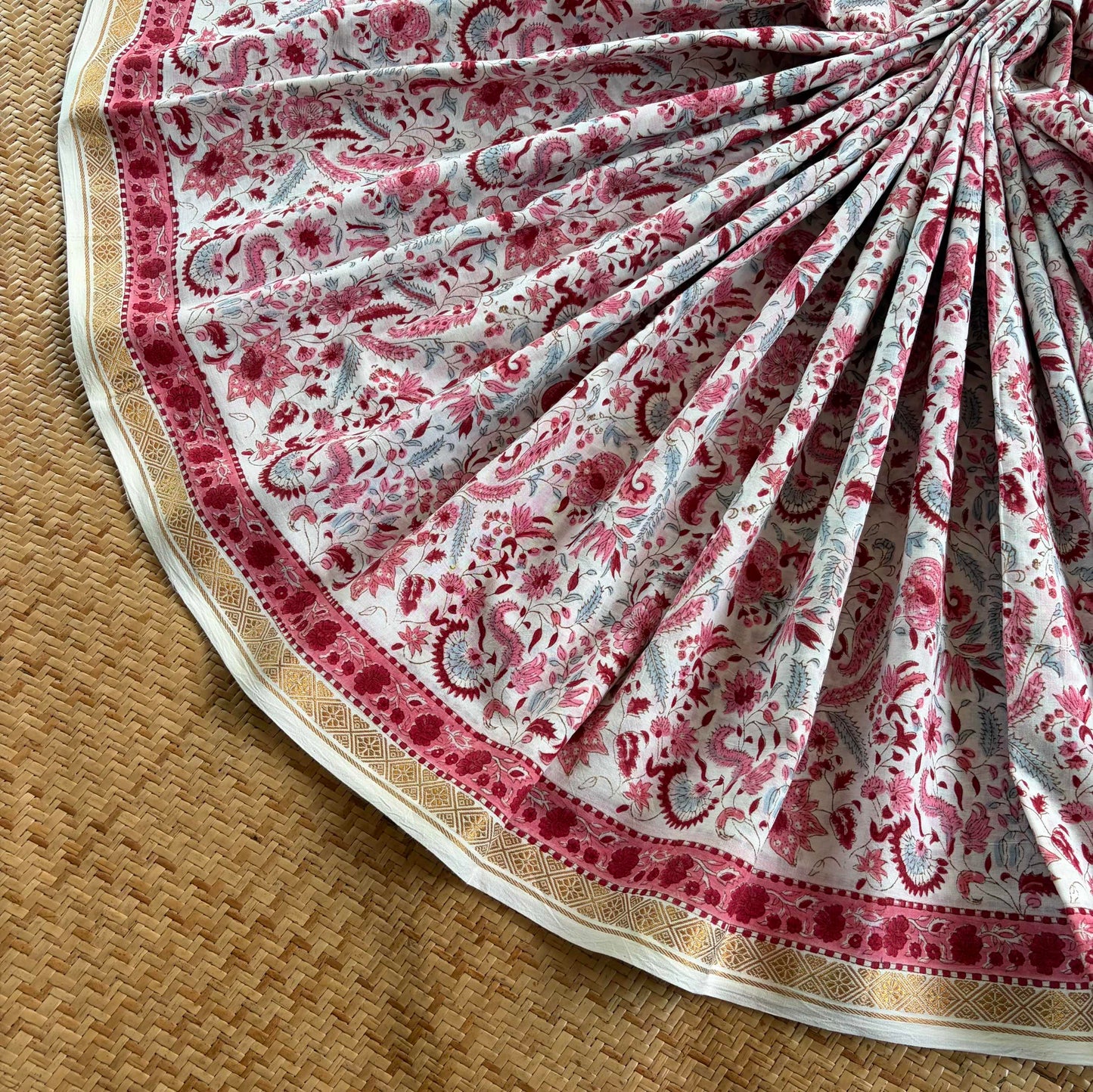 White, Jaipur Hand Block Printed On Madurai Cotton Saree With Zari