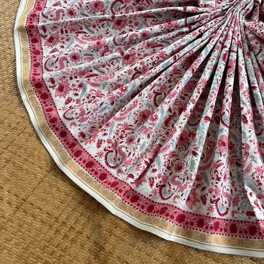 White, Jaipur Hand Block Printed On Madurai Cotton Saree With Zari