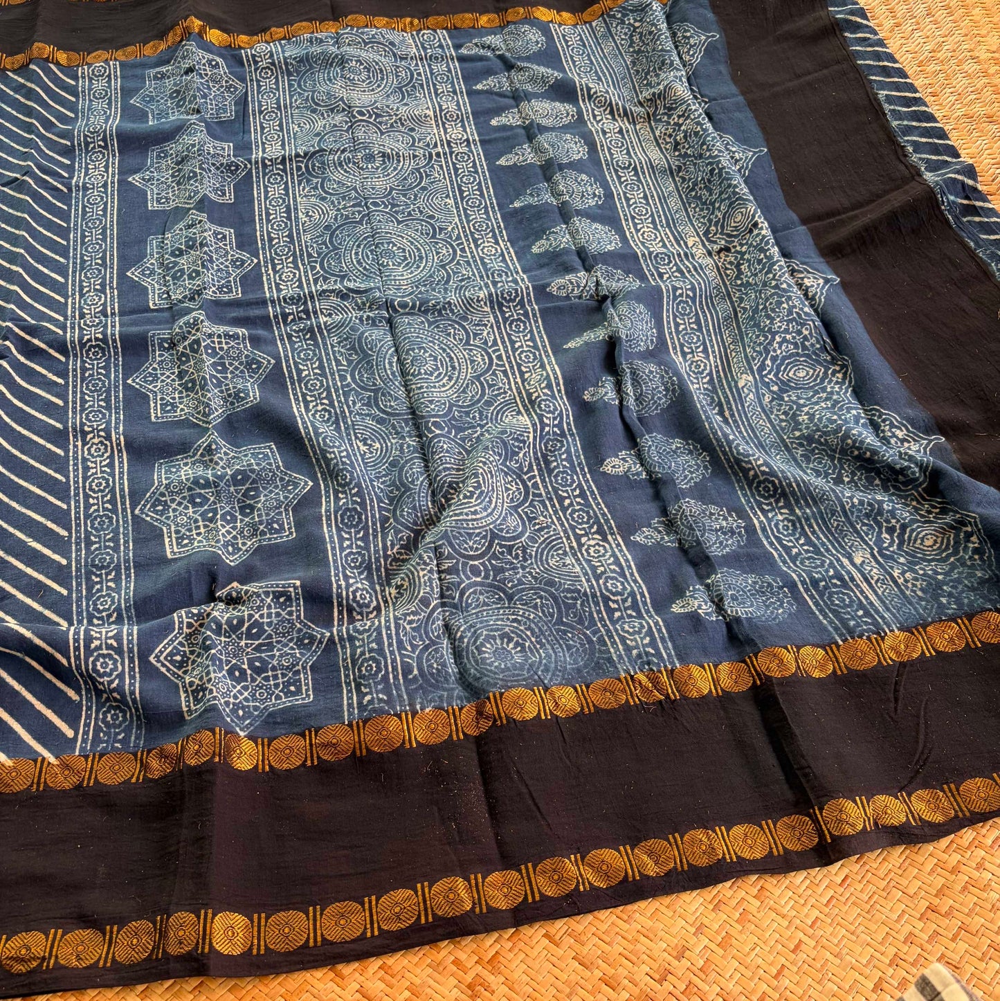 Diagonal Indigo, Ajrak Hand Block Printed On Madurai Cotton Saree With Zari