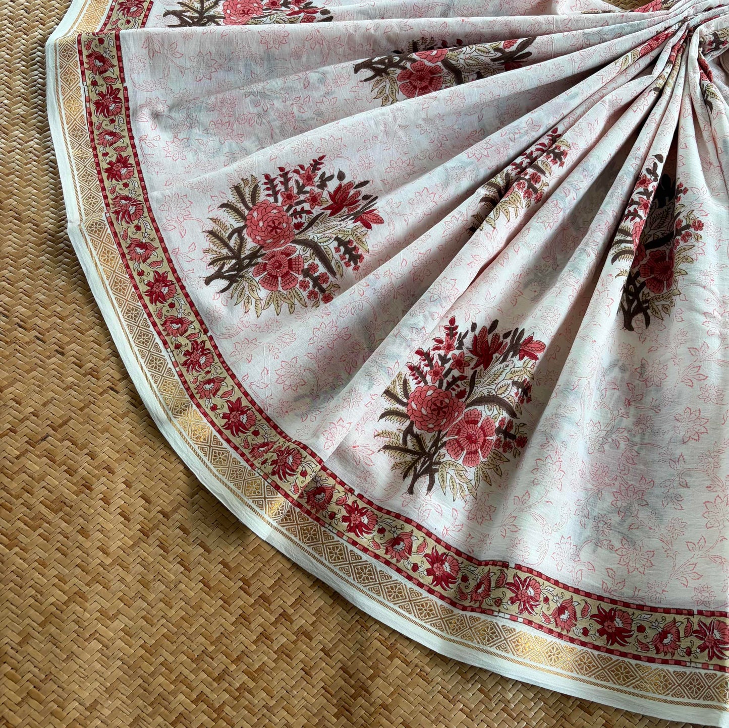 White, Jaipur Hand Block Printed On Madurai Cotton Saree With Zari