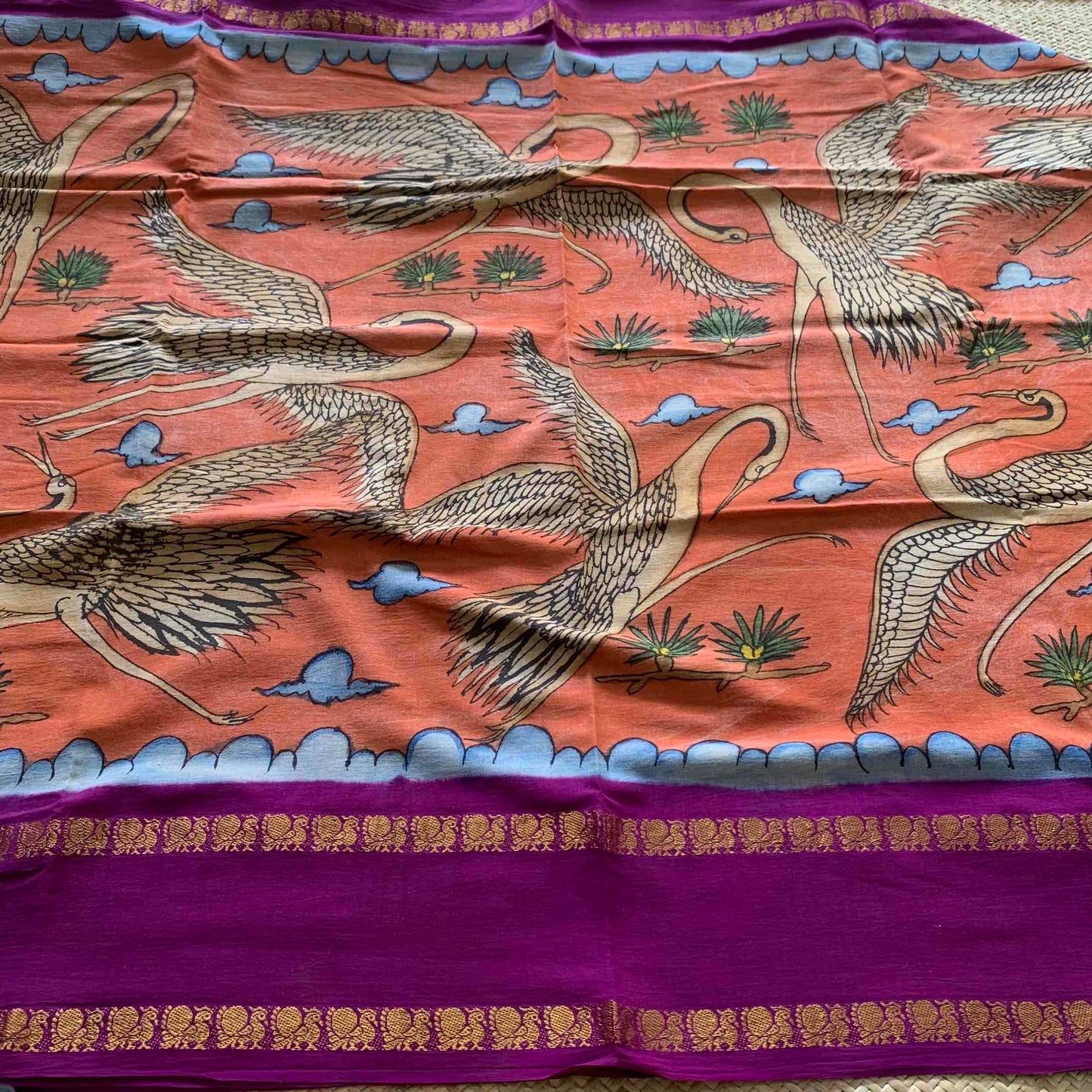 Crane, Kalamkari Hand Painted on a Madurai Sungudi Cotton saree.