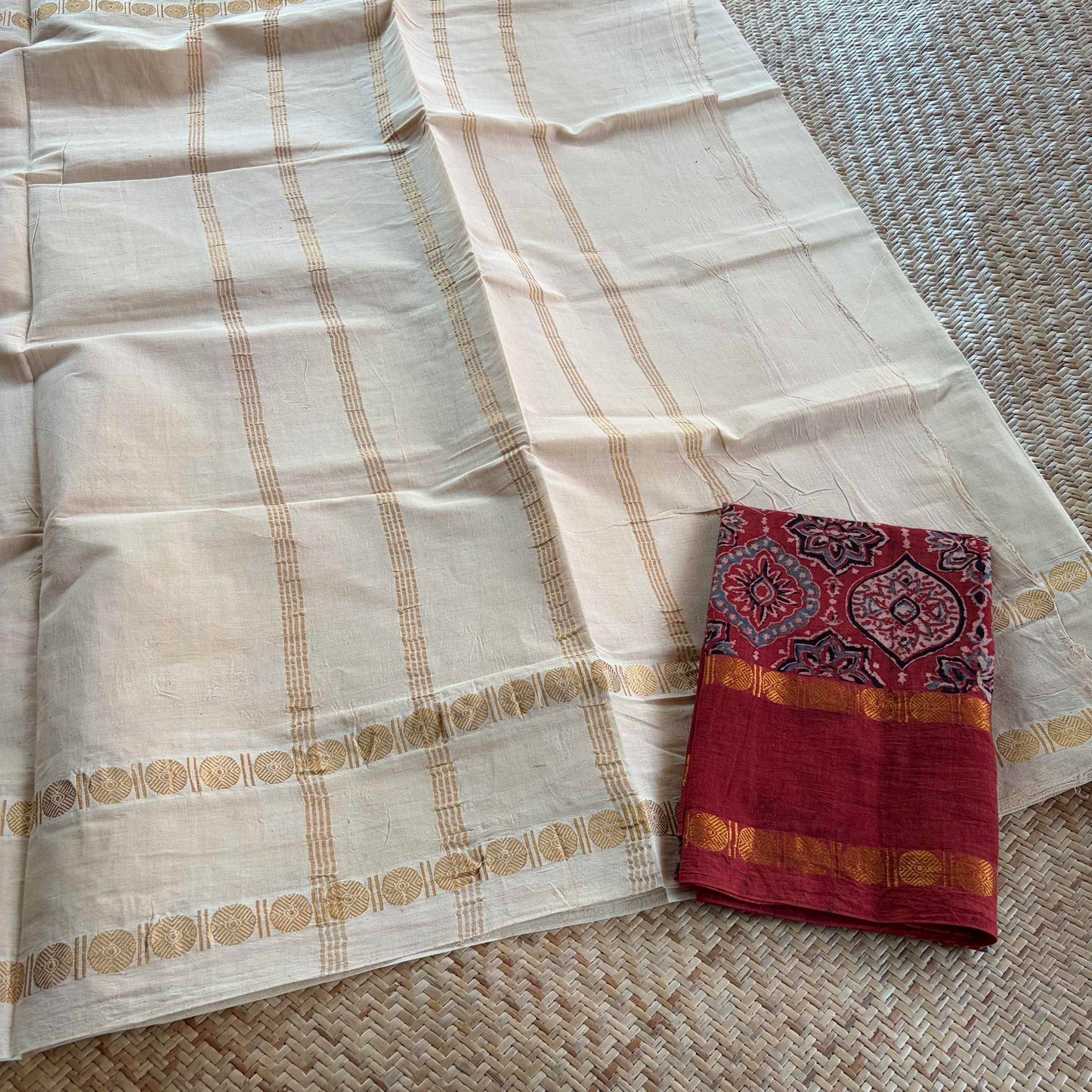 Ivory Saree With Ajrak Blouse , Zari Rudraksham Rettai Pettu Border , Clamp dyed (Kattu sayam)