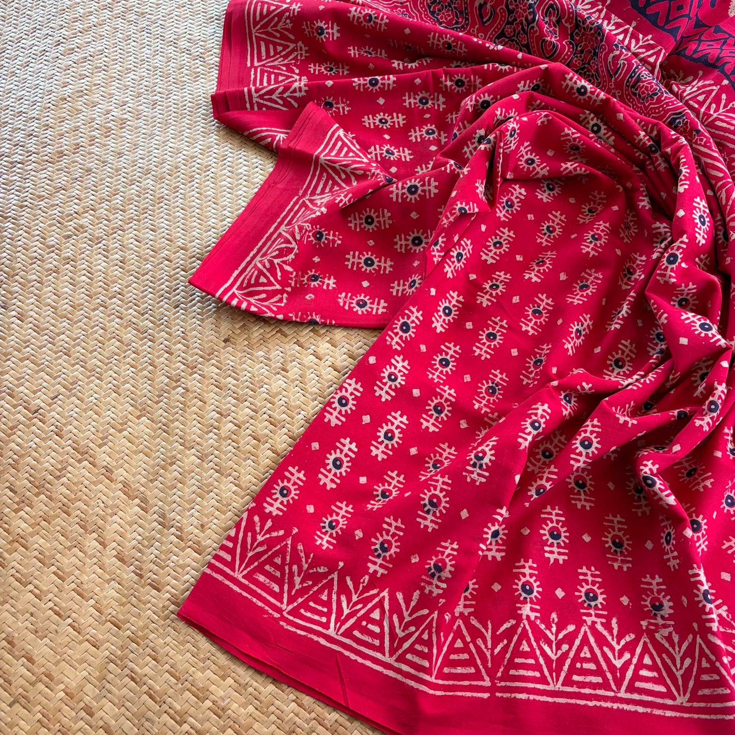 Mul Mul Cotton saree, Hand Block Printed, Red